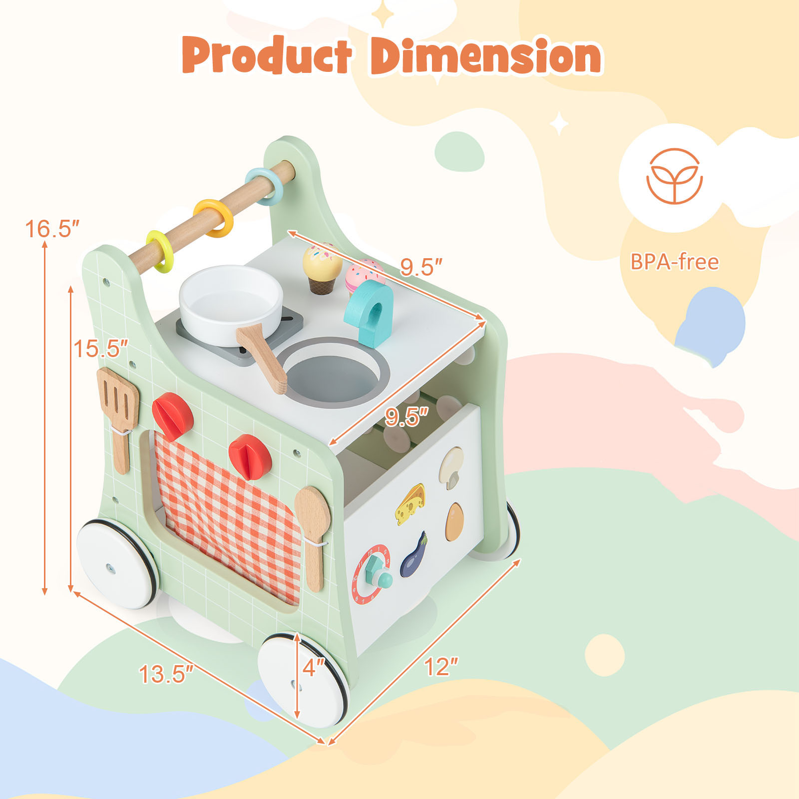 Costway 6-in-1 Baby Push Walker Wooden Strollers Learning Activity Center Toy with Kitchen 12+ months+ Green