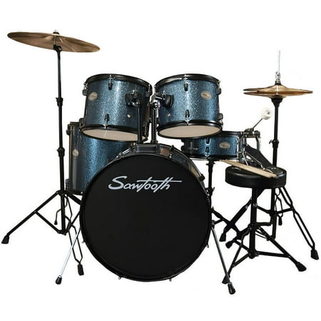 Rise by Sawtooth Full Size 5-Piece Student Drum Set with Hardware and Cymbals, Storm Blue Sparkle