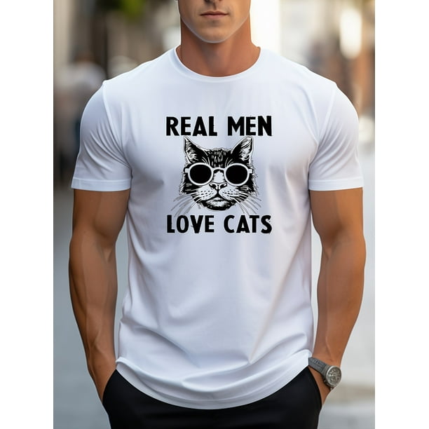 Camiseta creativa con estampado gráfico "Real Man Love Cats" para hombre, informal, de manga corta y cuello redondo, para verano y exteriores.