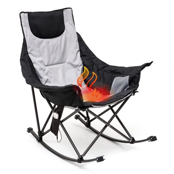 Sunnyfeel Oversized Heated Folding Rocking Camping Chairs with Carry Bag, Heavy Duty for Lawn/Outdoor/Picnic/Patio, Portable Rocker Camp Chair, Gray