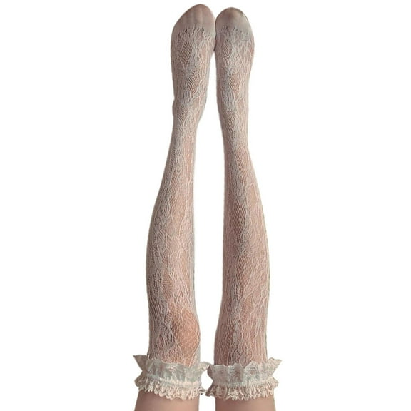 Japanese Lolita Fishnet Thigh High Stockings Womens Frilly Ruffled Floral Lace Jacquard Patterned Over Knee Long Socks Kawaii Tights Hosiery