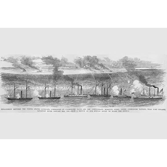 Commodore Davis' Fleet engage the Mosquito Fleet of Commodore Tatnall-Fine Art Canvas Print (20" x 30")