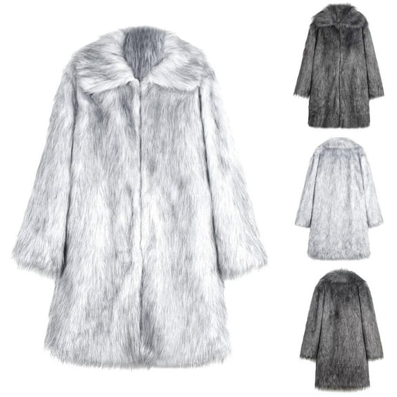 Lovskoo Mens Winter Coats Faux Fur Jacket Thick Warm Open Front Cardigan Style Long Sleeve Solid Color Turn Down Collar Coat Gray