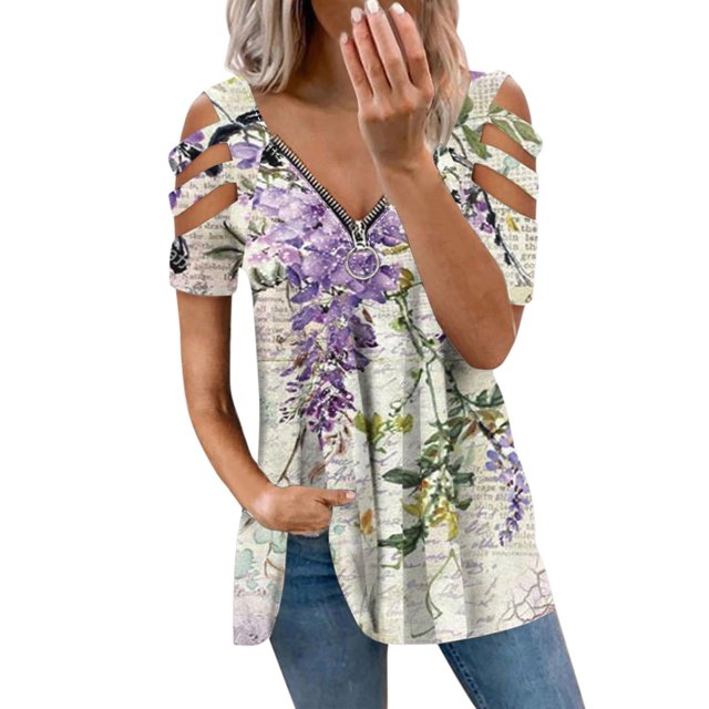 Top con cremallera y cuello en V de manga corta con hombros descubiertos para mujer con blusa recortada Pompotops hkajfhjk466116