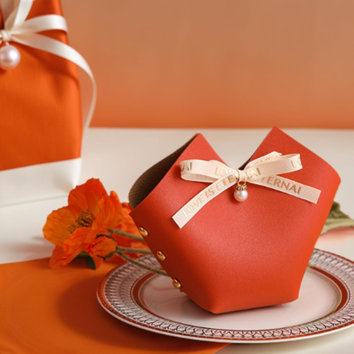 10 Pack Leather Bowknot Gift Boxes: Party Favor Bag Candy Gift Party Favor Boxes, Mini Gift Bags with Handles, Reusable Gift Bag for Baby Showers Wedding Christmas Party Valentines's Day (Orange)