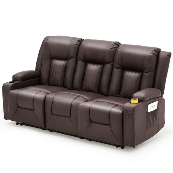 AECOJOY Manual Reclining Sofa with Cup Holders&Side Pockets, PU Leather Home Theater Seating, 3 Seat Recliner Chair for Adults-Brown