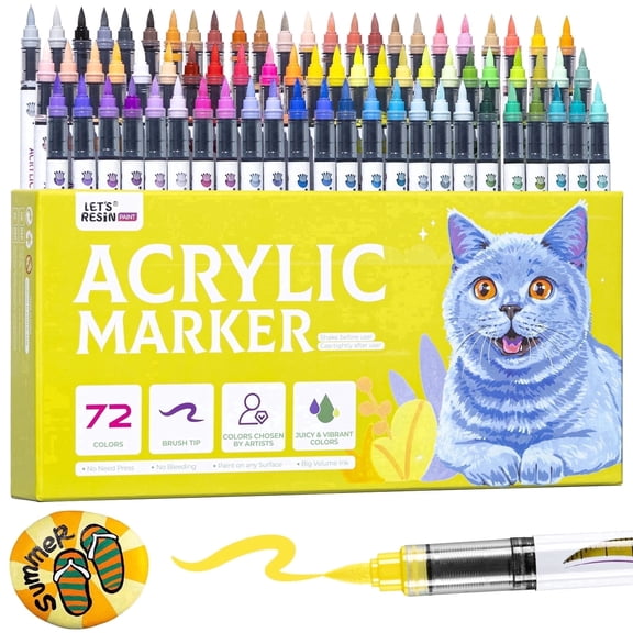 LET'S RESIN 72 colors Painting Acrylic Paint Markers, Brush Tip Point, Assorted Colors, Marker Pen Gift Kit
