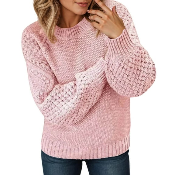 Sweaters for Women Trendy Fall Sweaters for Women Crewneck Knit Sweater Casual Loose Fit Solid Color Pullover Top With Jacquard Pattern