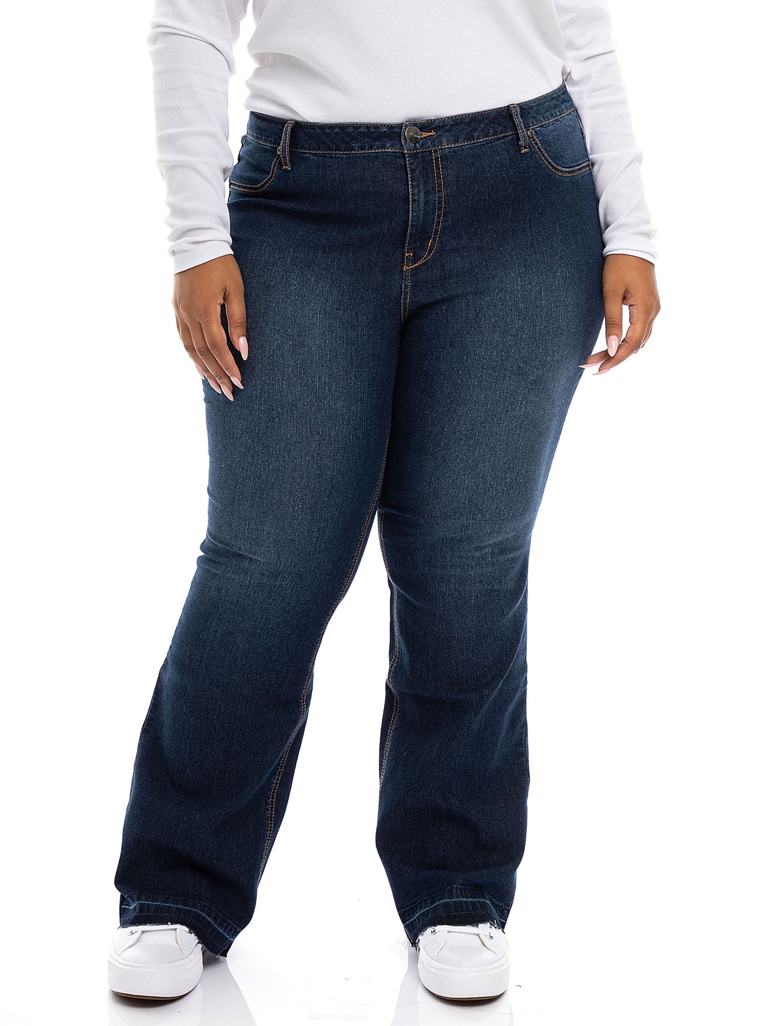 A3 Denim Women's Plus Size High Rise Released Raw Hem Flare Jeans