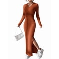 thumbnail image 2 of Women'S Long Sleeve Collar V Neck Maxi Dress Slit Thigh Ribbed Knit Bodycon Dresses Reddish Brown XL, 2 of 9