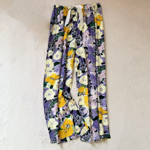 Women's Printed Thin Wide-Leg Pajama Pants with Drawstring, Comfortable Loungewear Sleepwear Can Be Worn Outside as Casual Nine-Point Trousers, Limited Time Offer