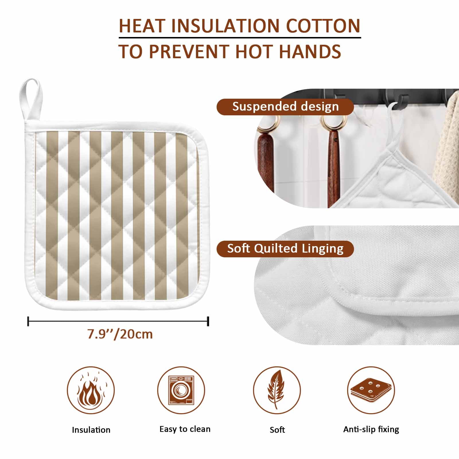 Beige Striped Pot Holders for Kitchen Heatproof Potholder, 3 Pack Modern Farmhouse Beige White Stripes Hot Pads Multipurpose Oven Pads Cloth Potholders Trivet for Cooking Baking