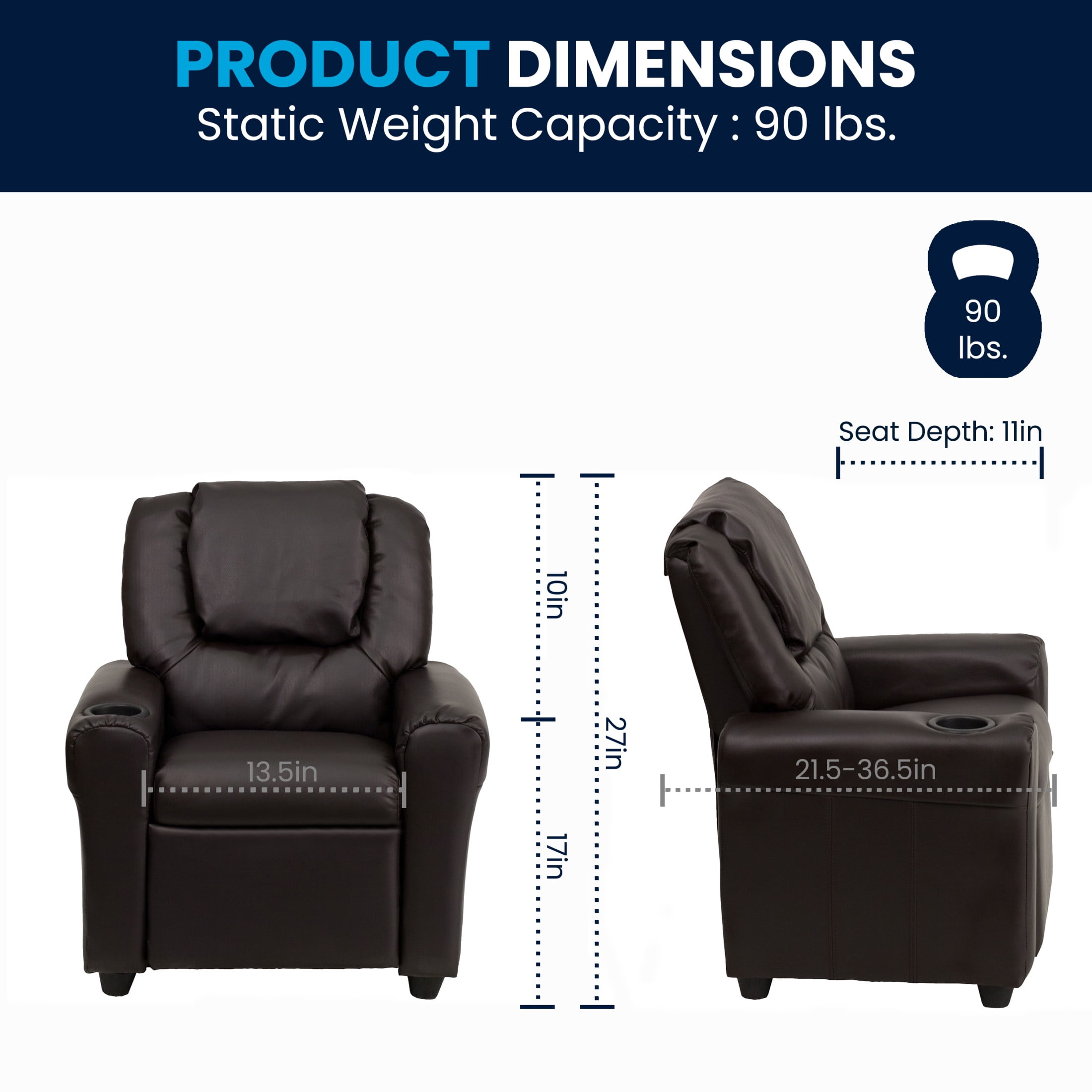 Flash Furniture Vinyl LeatherSoft Kids Recliner with Cup Holder, Headrest, and Footrest, Brown