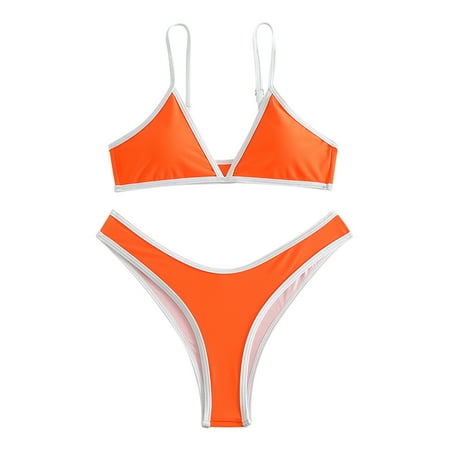 Brondbend One Piece Swimsuit Women Solid Color Deep V-Neck Spaghetti Straps Swimsuit Sets Sexy Low-Rise Thong Bottom Two Piece Swimsuit with Pad Soft Womens Bikini Festive Fashion Orange L