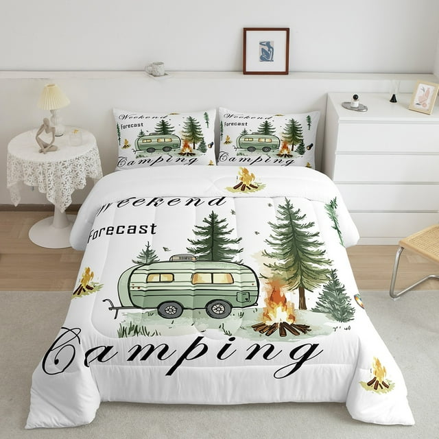 Erosebridal Happy Camping Bedding Twin Comforter Set, RV Camper Down Comforter, Cartoon Camp Decor, Reversible