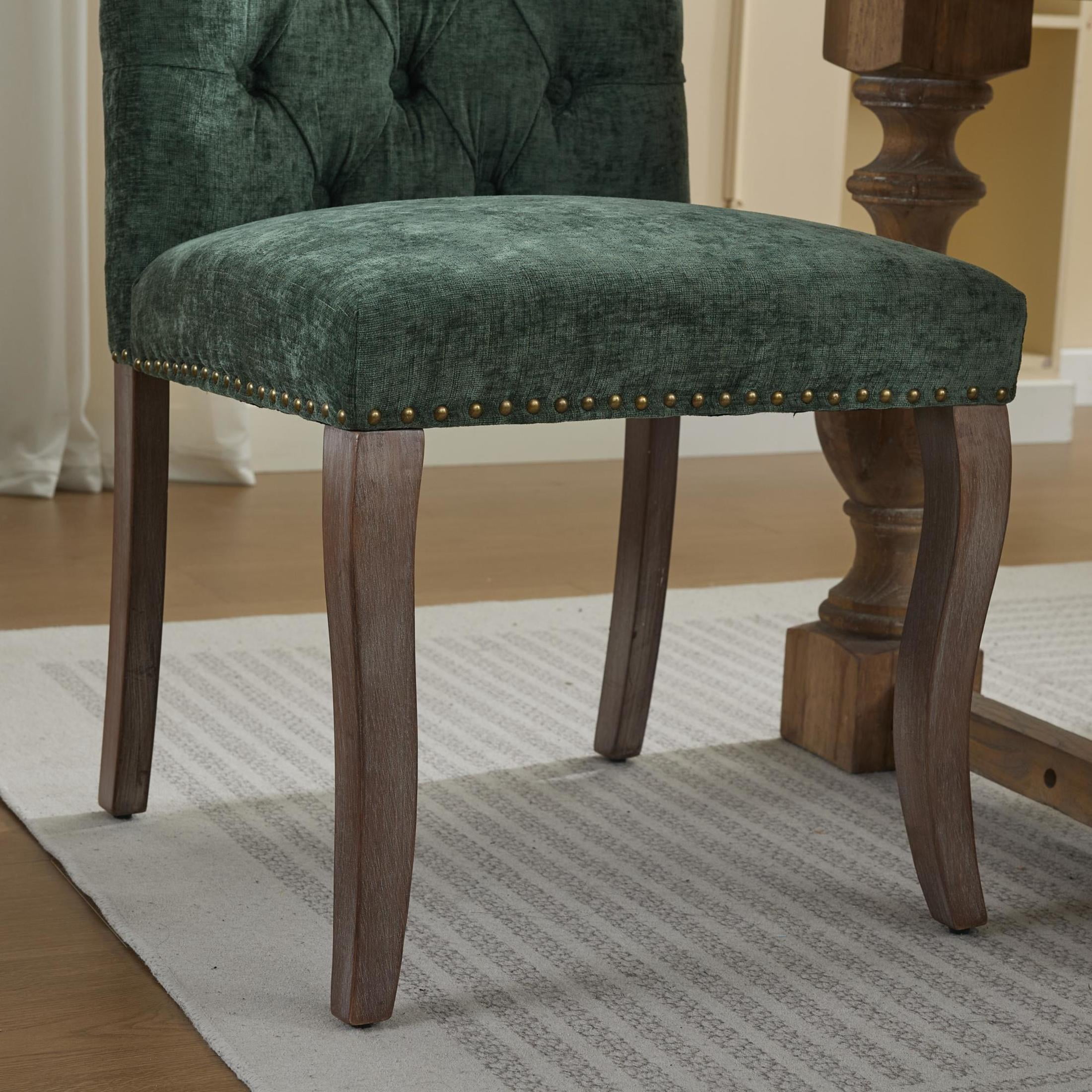 Noble House Set of 2 Tufted Chenille Upholstered Dining Chairs, Curved Solid Wood Legs, Olive Green