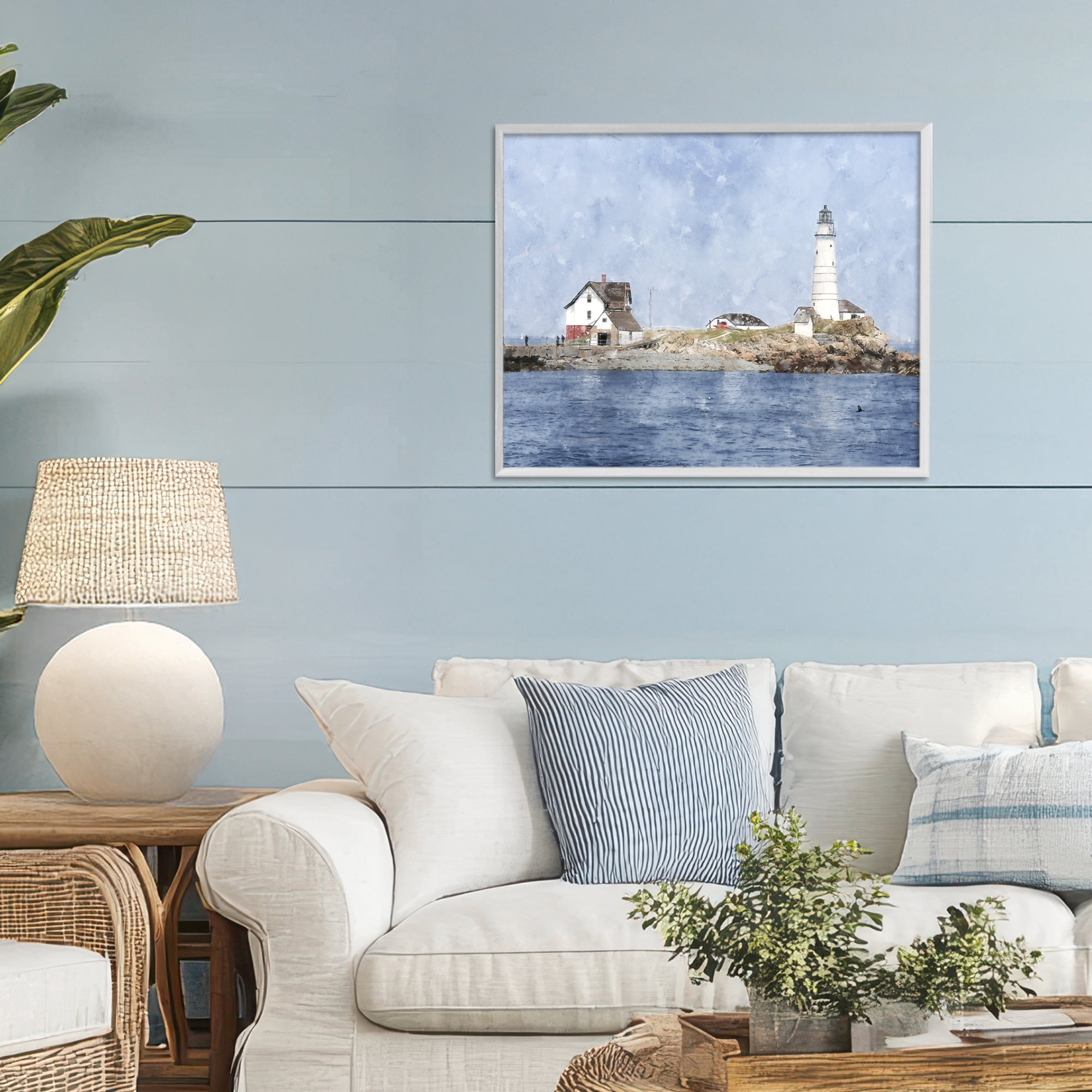 Stupell Industries Picturesque Lighthouse Island White Framed Giclee Art, design by Kim Curinga