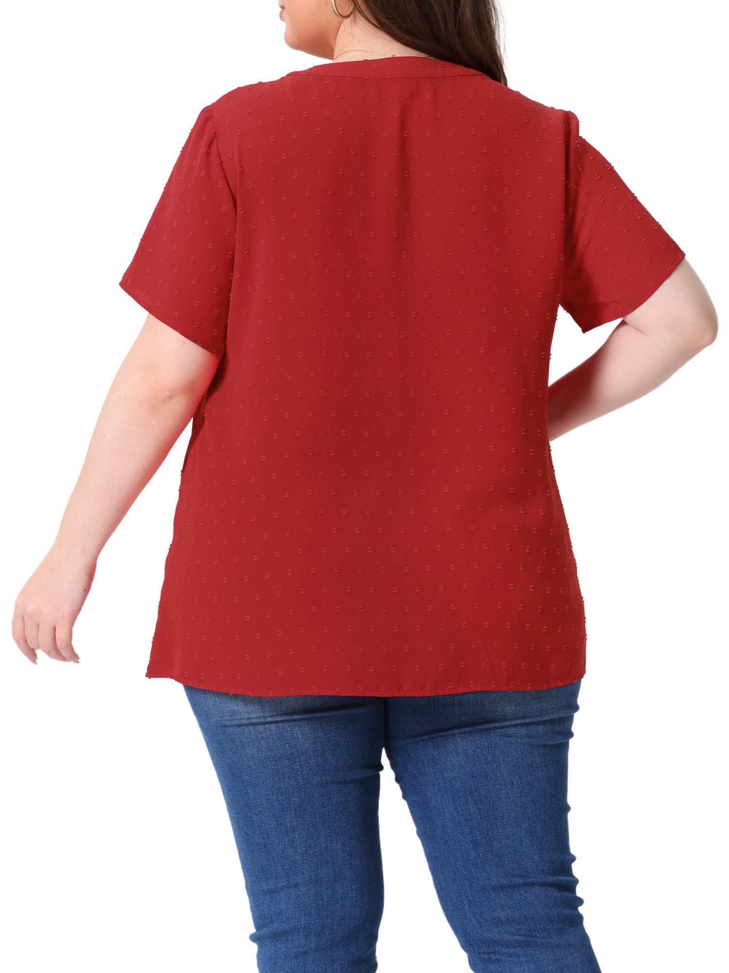DARING DIVA Women's Plus Swiss Dots Notched Neck Short Sleeve Blouse 3X Red