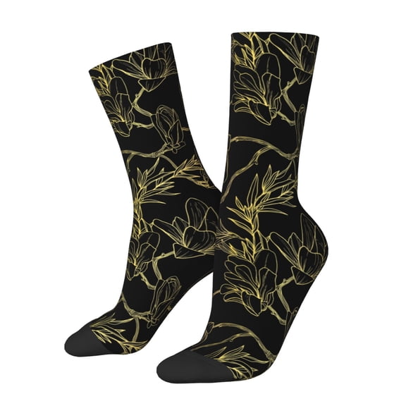 Honeii Gold Gloss Outline Floral Print Adult Socks,Crew Socks,Casual Calf Socks,Daily Wear Socks for Men & Women, Perfect for Sports, Casual and Everyday Use