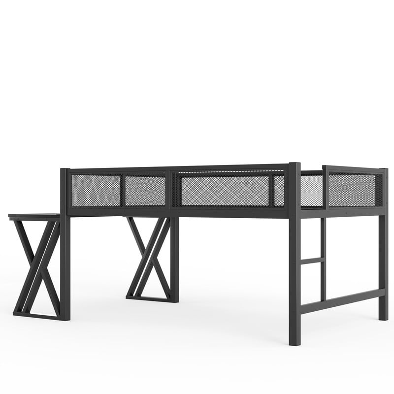 Full Gaming Loft Bed with Computer Desk of X-Shaped Legs, Metal Bed Frame with LED Lights, Charge Station & Mesh Guardrail