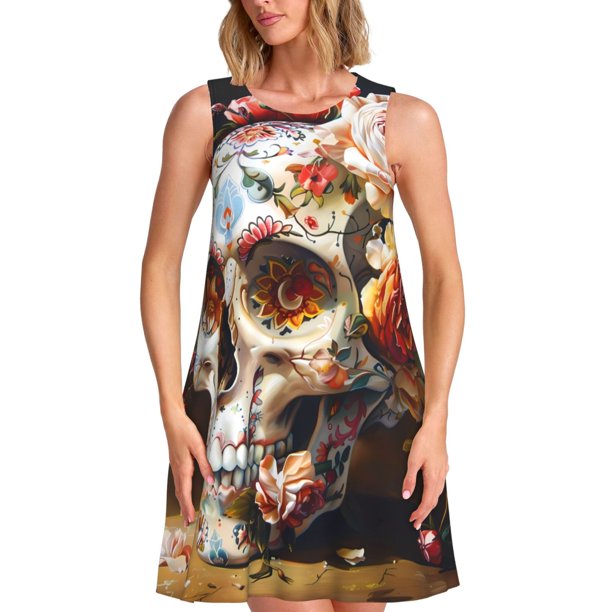Disketp Rose Floral Skull para Vestido sin Mangas para Mujeres, Vestidos de Verano para Mujeres, Casual y Holgado para la Playa
