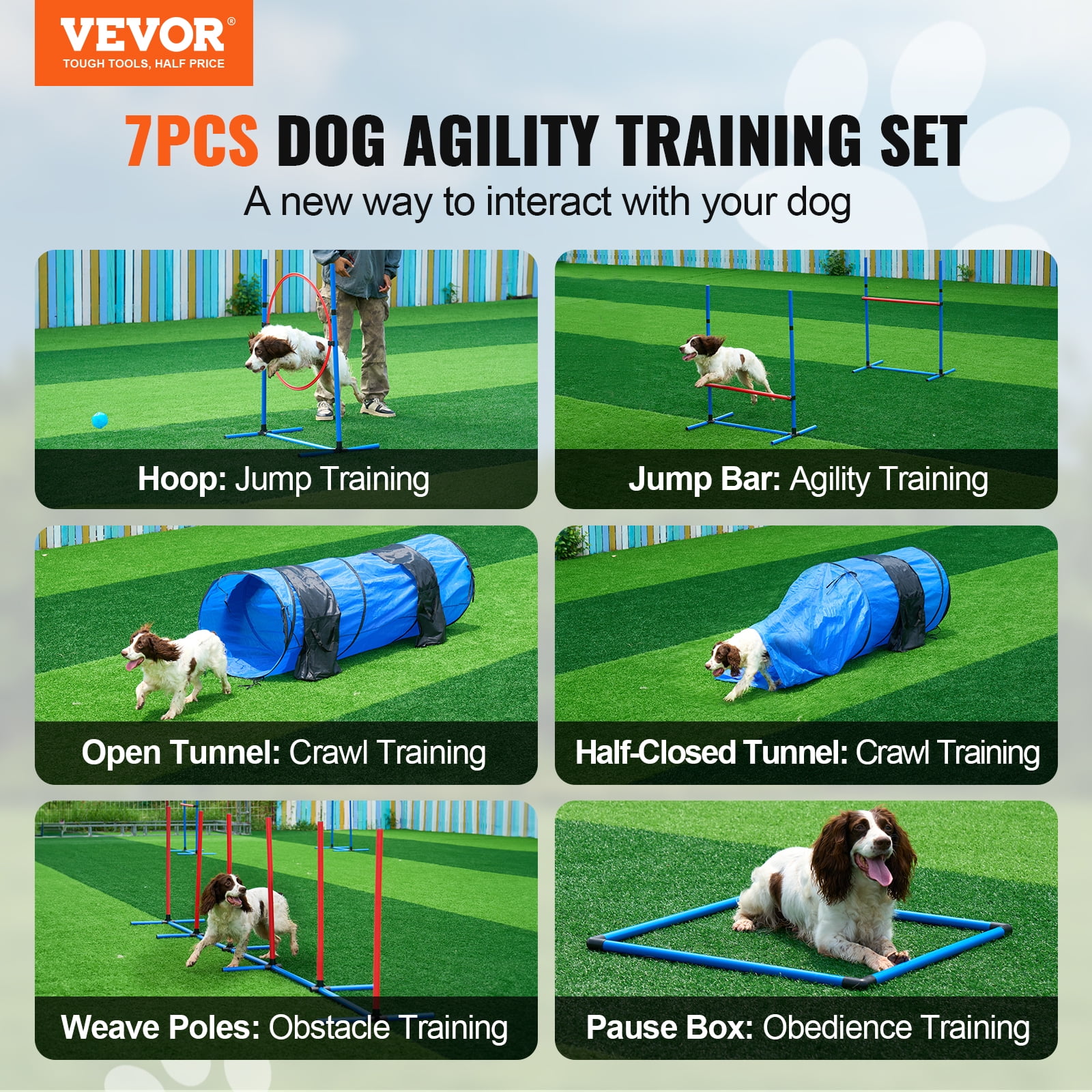 Vevor Dog Agility Training Equipment 7 Pcs Set W Hurdles 2 Tunnels Jump Ring