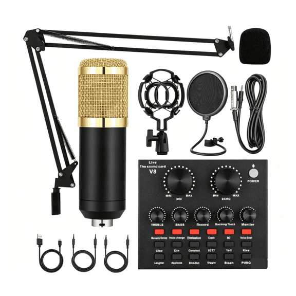 BM-800 Professional Condenser Microphone Kit with V8 Sound Card & Voice Changer - Complete Podcast Bundle with Headphones, Shock Mount, Pop Filter - for Streaming, YouTube, Home Studio Recording