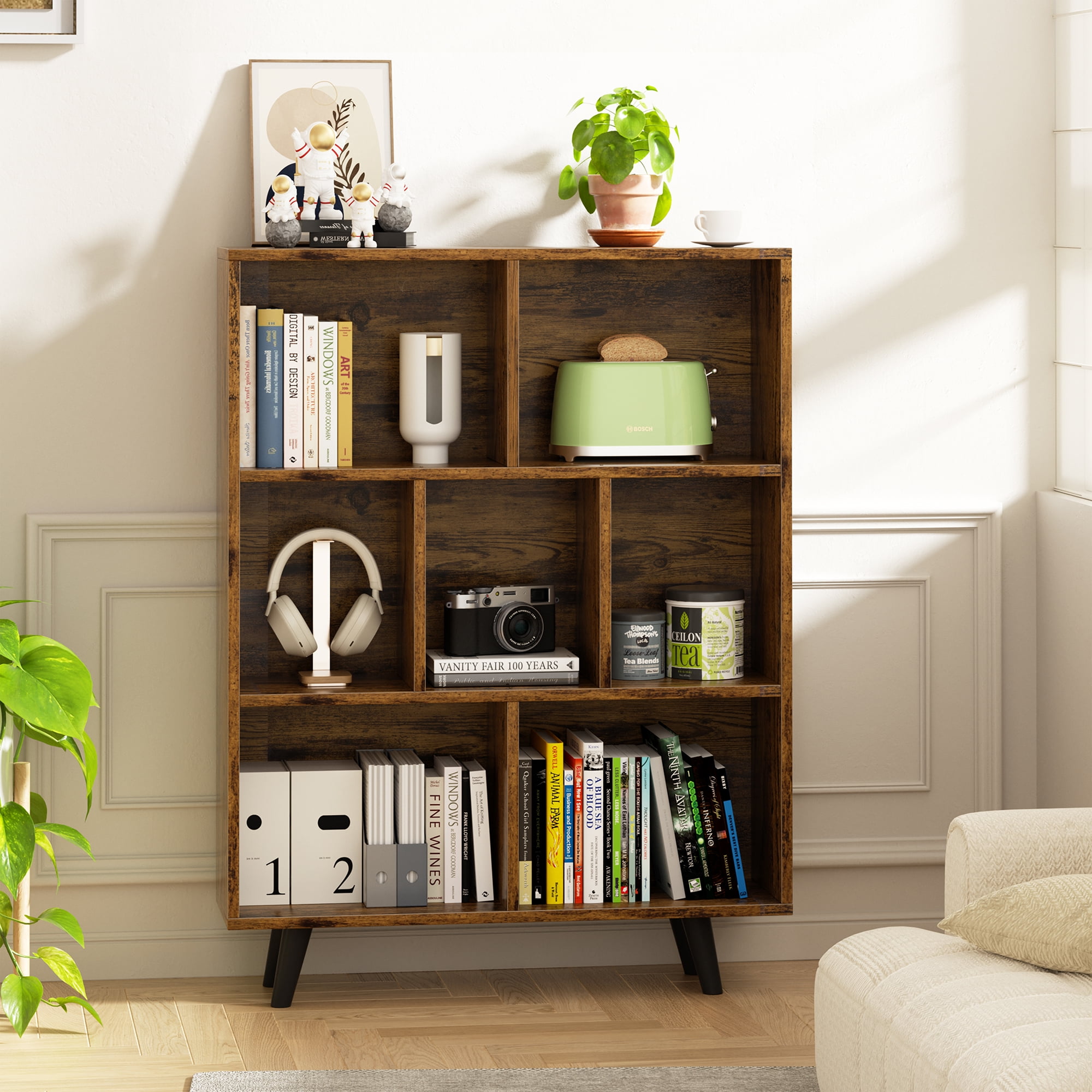Walsunny Cube Bookcases Bookshelves 7 Cube Organizers with Legs 43" Tall Wooden Open Storage Display Bookshelf for Living Room Bedroom Office Brown
