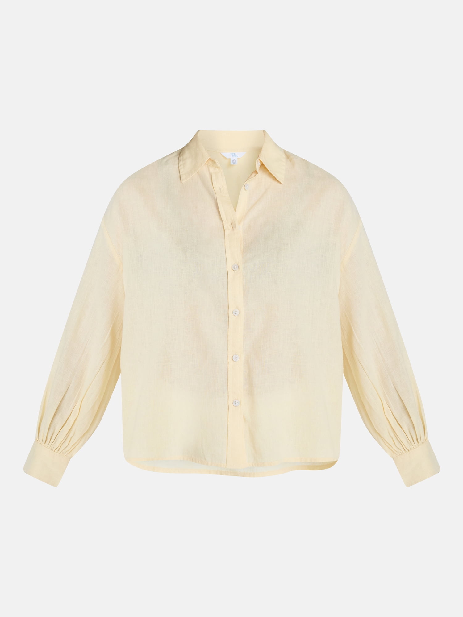 Time and Tru Women's Linen Blend Button Front Cropped Top with Long Sleeves, Sizes XS-XXXL