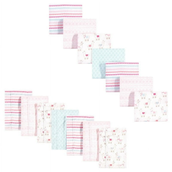 Hudson Baby Infant Girl Cotton Flannel Burp Cloths and Receiving Blankets, 14-Piece, Llama, One Size