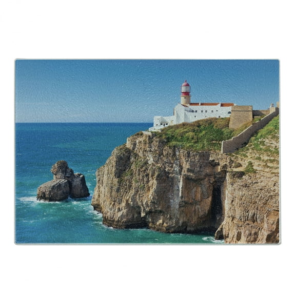 Lighthouse Cutting Board, Daytime Rocky Lighthouse Shore Seaside Rocks Building Cliff Sunny Day Clear Sky, Decorative Tempered Glass Cutting and Serving Board, Small Size, Multicolor, by Ambesonne