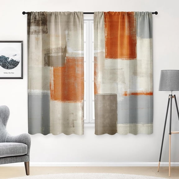 Orange Kitchen Curtains 63 Inch Length Abstract Window Curtains Over Sink Set of 2, Brown Beige Contemporary Curtain for Bedroom Living Room, Modern Kitchen Decor 42x63 Inch