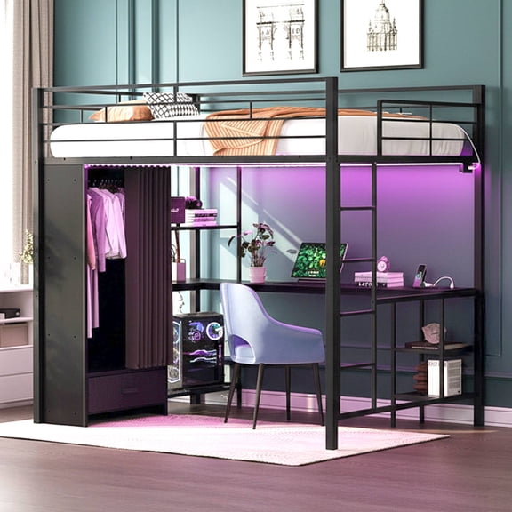 Ktaxon Queen Loft Bed with Wardrobe, Bunk Bed Frame with Desk and LED Light, Black