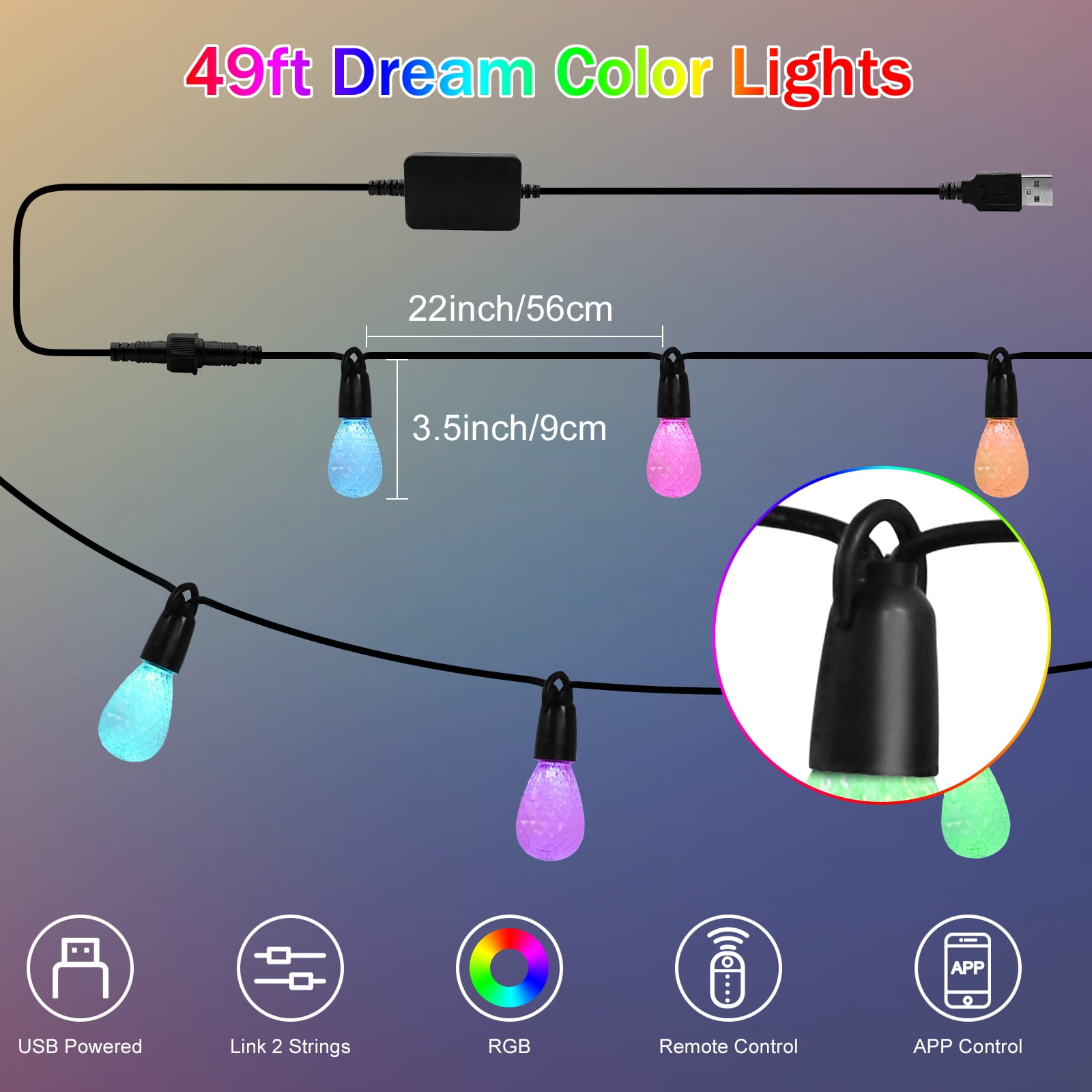 50 Ft Outdoor LED String Lights with Remote Control, Multicolor