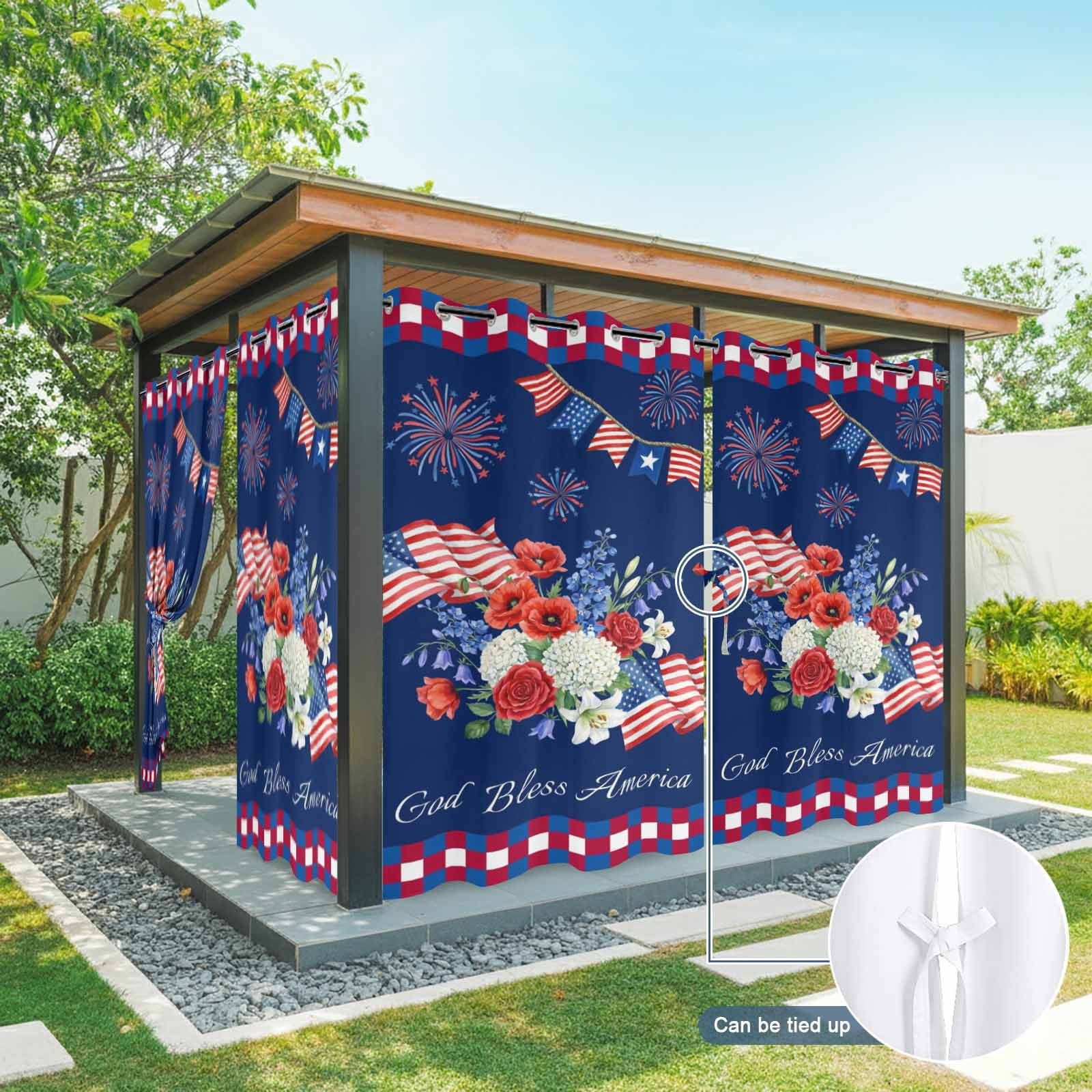 Independence Day Outdoor Curtains for Patio, Red Blue USA Flag Floral Fireworks Dark Blue Sunshade Privacy Drapes Grommet Waterproof Outside Curtains for Porch/Cabana/Balcony 54"x 108", 1 Panel