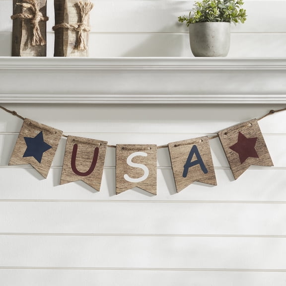 VHC Brands Patriotic RWB USA And Stars Banner w/Twine 5x20, Fourth of July Decoration, Independence Day Decor, Decorative Banner