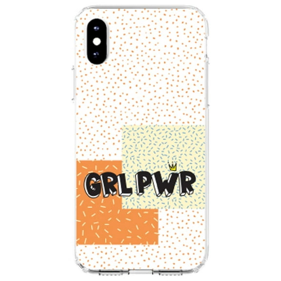 DistinctInk Clear Shockproof Hybrid Case for iPhone X / XS (5.8" Screen) - TPU Bumper, Acrylic Back, Tempered Glass Screen Protector - Girl Power - GRL PWR - Crown, Polka Dots