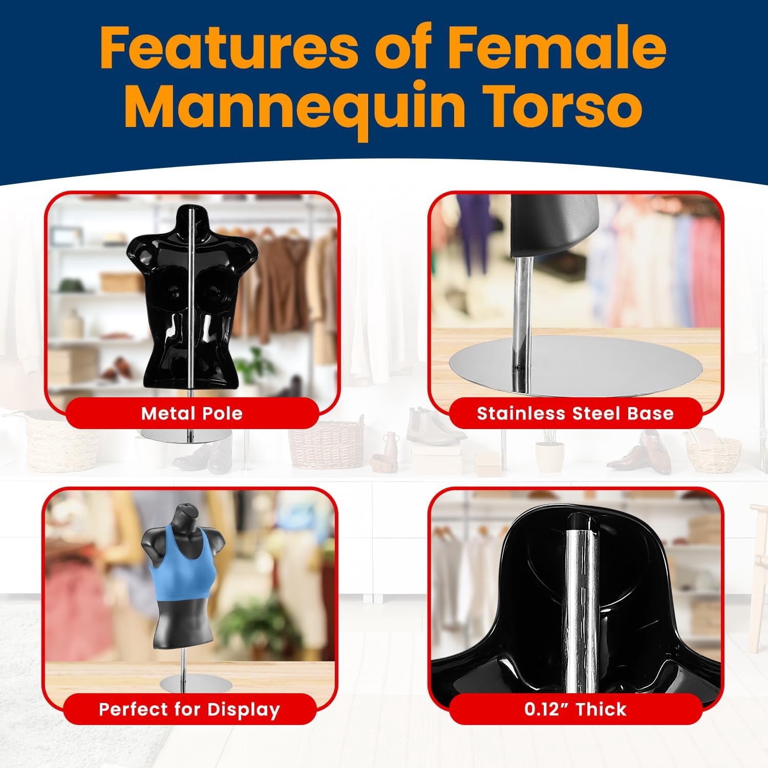 Black Female Mannequin Torso with Metal Stand, Hollow Back, Stackable Dress Form for T-Shirt Display, Countertops, Craft Shows, Photos, and Design