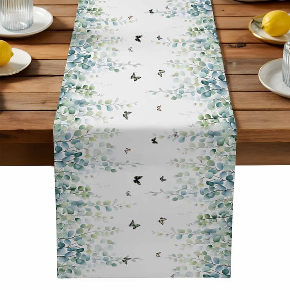 Blue Green Eucalyptus Cotton Linen Table Runner for Dining Kitchen, Sage Gradient Leaves Butterfly Wedding Outdoor Party Tablerunners Decoration, Dresser Scarf Coffee Tablecloth Runners 13x48 Inches