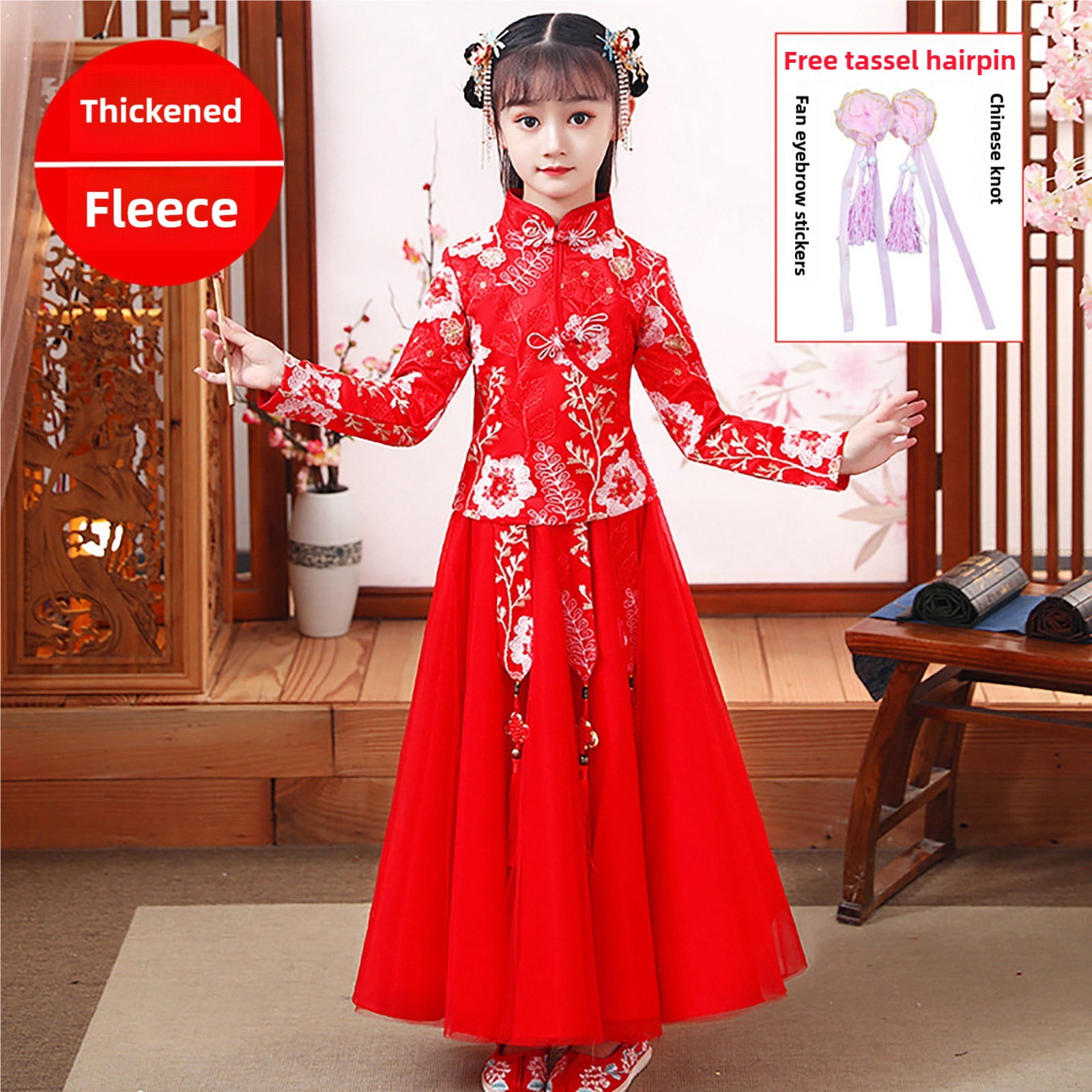 Coerni Toddler Baby Girls New Year's Tang Suit Sets Chinese Ancient Clothing Sets Vintage Long Sleeve Floral Top Dress 2Pcs Outfits