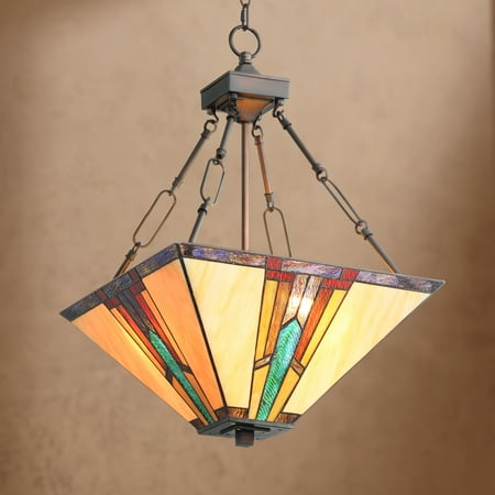 

Robert Louis Tiffany Bronze Pendant Chandelier 16 Wide Mission Art Glass 3-Light Fixture Dining Room House Foyer Kitchen Island