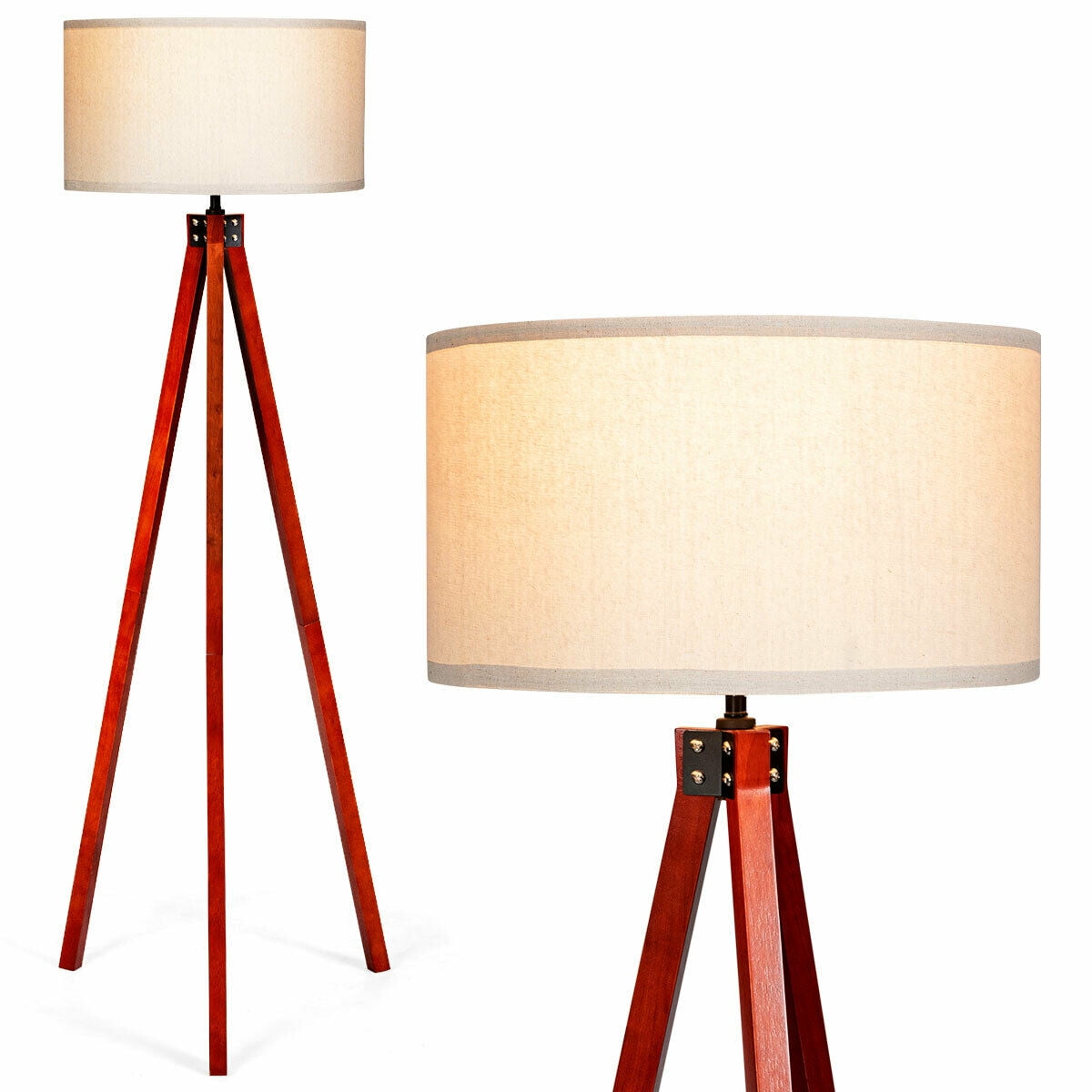 Gymax Modern Wood Tripod Floor Lamp Flaxen Lamp Shade W
