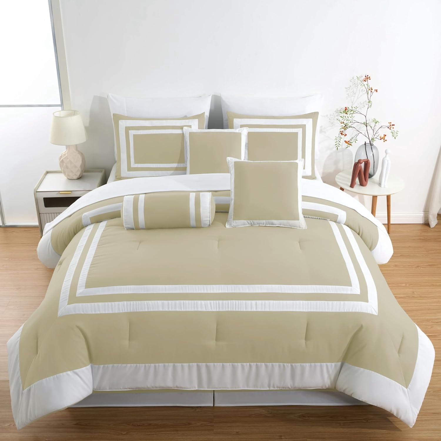 Chezmoi Collection Caprice 7-Piece Hotel Style Comforter Set Queen Size, Tan/White Square Pattern Color Block Bedding with Decorative Pillows, Luxurious Lightweight All Season Bed Set