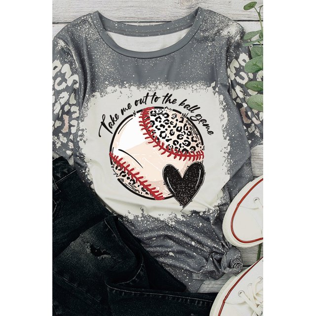 ABPHQTO Camiseta blanqueada con manga de leopardo y estampado de béisbol gris para mujer