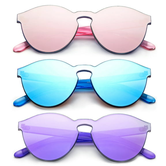3 Pack Candy Color Frameless One Piece Flat Flash Mirror Lens Fashion Sunglasses for Women