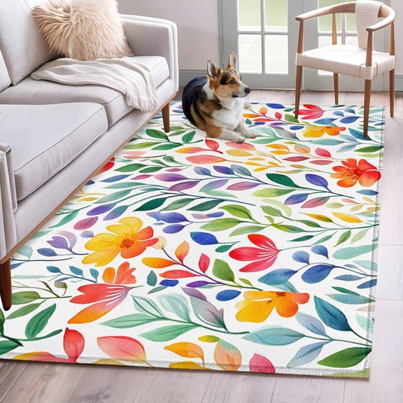 2.7'x5' Area Rugs, Spring Floral Indoor Outdoor Area Rug for Living Room Bedroom, Colorful Summer Botanical Flowers Abstract Washable Bathroom Rugs Kitchen Floor Carpet Mats Home Decor Aesthetic