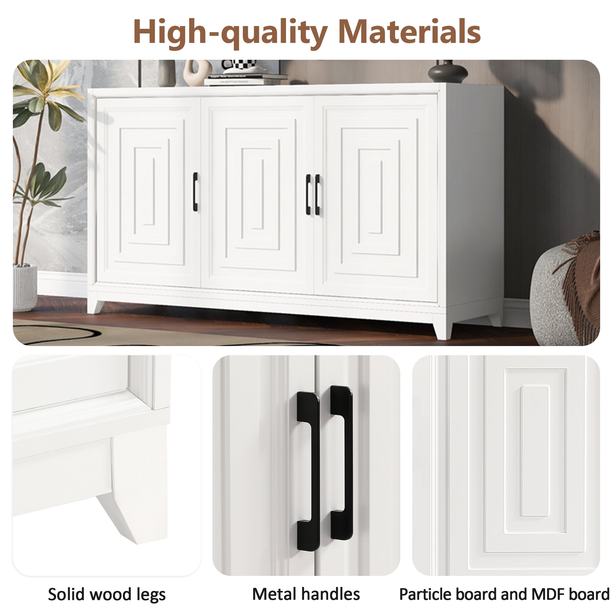 TV Stand for TVs up to 65 Inch with Geometric Doors and Adjustable Shelves, Media Console and Entertainment Center with Solid Wood Legs, White