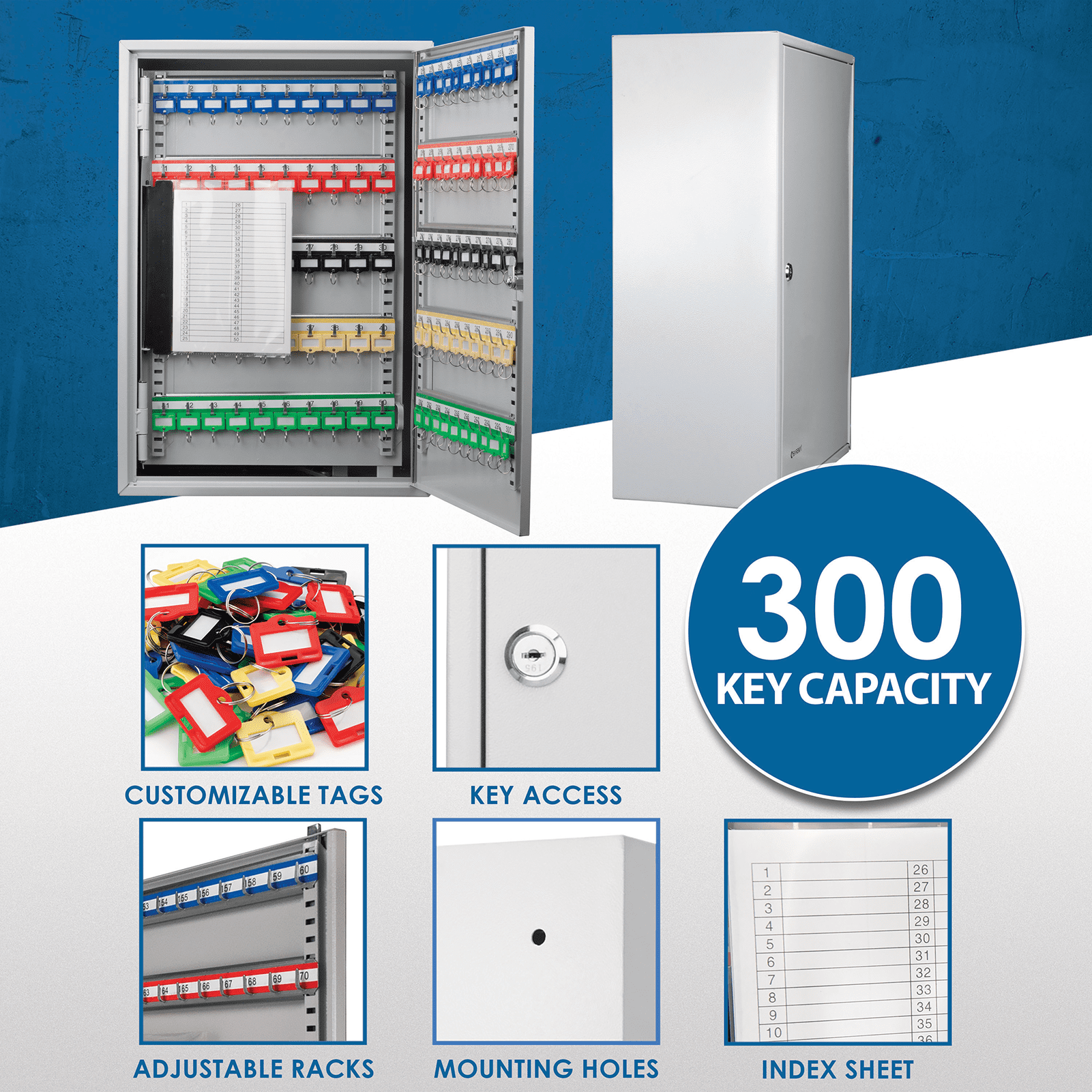 Vacmaster 300 Key Adjustable key cabinet lock box – Solid Steel Key Cabinet Wall-Mount Organizer,Key Organizer Key Safe for Home Office Garage Rental Business,with Numbered Hooks, Color Tags