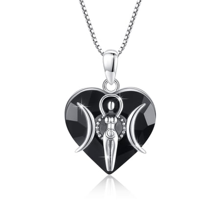 Triple Moon Goddess Necklace 925 Sterling Silver Black Heart Crystal Pagan Wiccan Magic Amulet Pendant Jewelry Birthday Gifts for Women