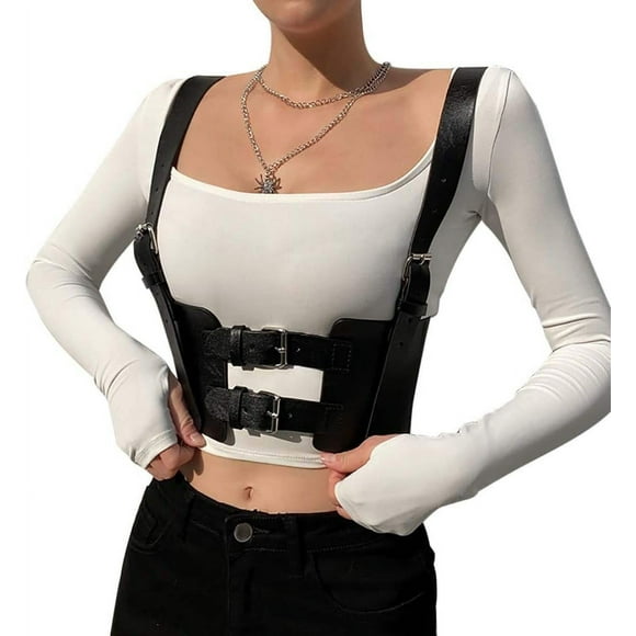 Steampunk PU Leather Strappy Corset Harness Adjustable Shoulder Strap Underbust Cinch Elastic Waist Belt Tank Top